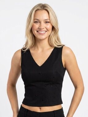 Black Floral Embellishment Sleeveless Shirt Top